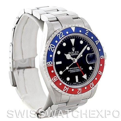 The angle shows the Rolex GMT-Master 16710 Men's Stainless Steel Black Dial 16710 Men's Stainless Steel Black Dial watch from a slightly left-front perspective, highlighting its bezel, dial, and bracelet.