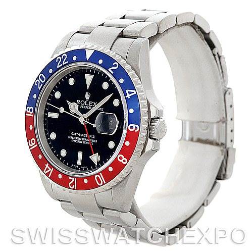 The image shows a Rolex GMT-Master 16710 Men's Stainless Steel Black Dial 16710 Men's Stainless Steel Black Dial watch from a front-side angle, highlighting its bezel, face, and bracelet.