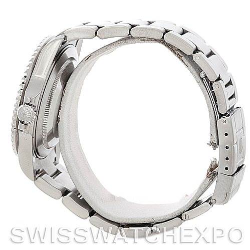 This image shows a Rolex GMT-Master 16710 Men's Stainless Steel Black Dial 16710 Men's Stainless Steel Black Dial watch from a side profile, focusing on the case, bezel, and bracelet.