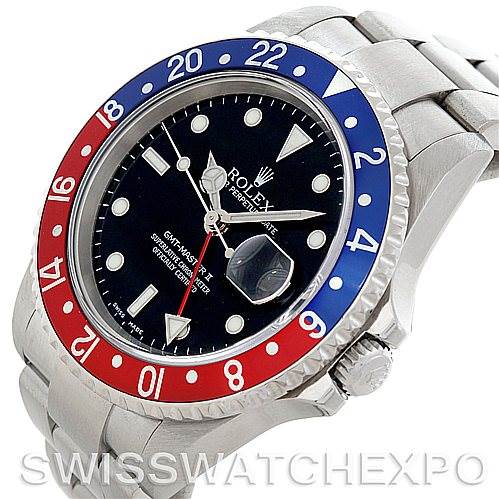This image shows a side and front angle of a Rolex GMT-Master 16710 Men's Stainless Steel Black Dial 16710 Men's Stainless Steel Black Dial, displaying the bezel, crown, face, and stainless steel bracelet.