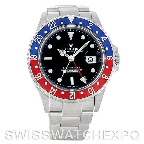 This image shows a front view of a Rolex GMT-Master 16710 Men's Stainless Steel Black Dial 16710 Men's Stainless Steel Black Dial II watch with a blue and red bezel and a stainless steel bracelet.