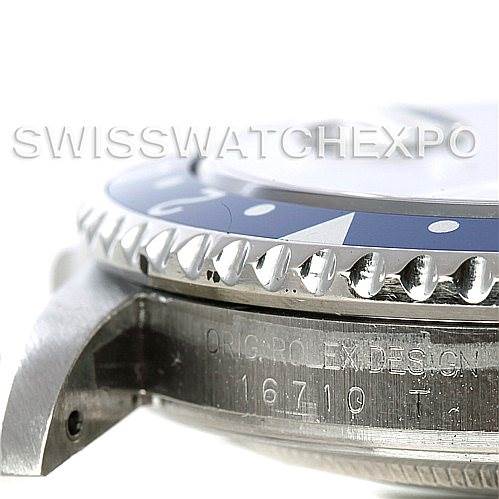 The image shows a close-up side angle of the Rolex GMT-Master 16710 Men's Stainless Steel Black Dial 16710 Men's Stainless Steel Black Dial, focusing on the bezel, case, and part of the lugs.