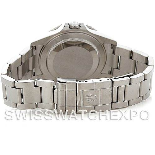 The image shows the rear view of a Rolex GMT-Master 16710 Men's Stainless Steel Black Dial 16710 Men's Stainless Steel Black Dial watch, emphasizing the bracelet and clasp.