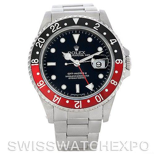The image shows a front view of a Rolex GMT-Master 16710 Men's Stainless Steel Black Dial 16710 Men's Stainless Steel Black Dial II watch, highlighting the bezel, dial, and bracelet.
