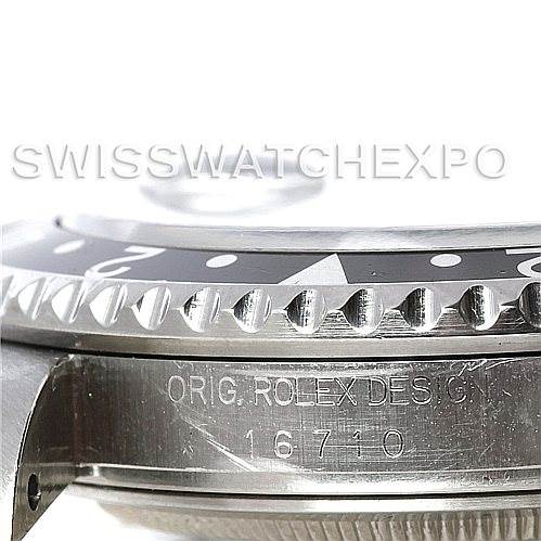 The image shows a close-up side view of the bezel and case, displaying the model number 16710 of the Rolex GMT-Master 16710 Men's Stainless Steel Black Dial 16710 Men's Stainless Steel Black Dial.