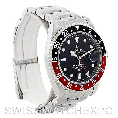 The image shows a side angle of a Rolex GMT-Master 16710 Men's Stainless Steel Black Dial 16710 Men's Stainless Steel Black Dial watch, highlighting the bezel, dial, and bracelet.