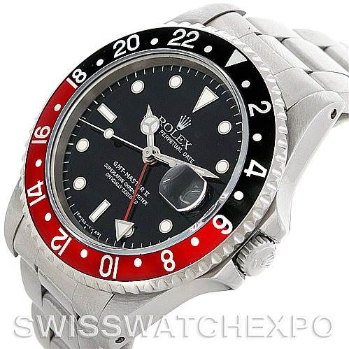 The image shows a Rolex GMT-Master 16710 Men's Stainless Steel Black Dial 16710 Men's Stainless Steel Black Dial watch at an angle showcasing the face, bezel, and part of the metal bracelet.