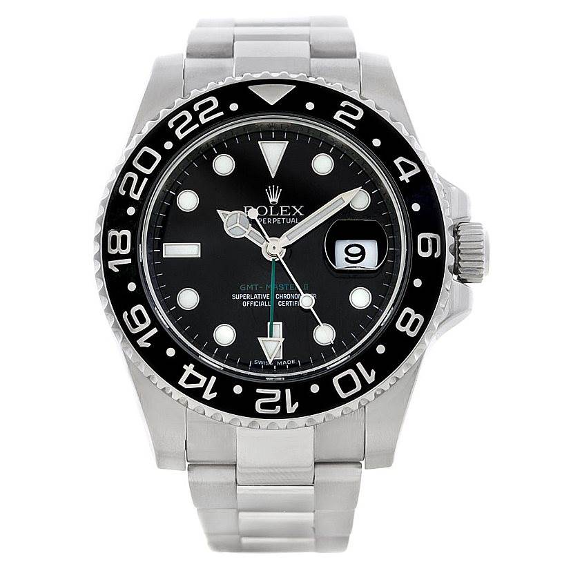 This image shows a frontal view of the Rolex GMT-Master 116710 Men's Stainless Steel Black Dial 116710 Men's Stainless Steel Black Dial watch, highlighting its bezel, dial, hands, and bracelet.
