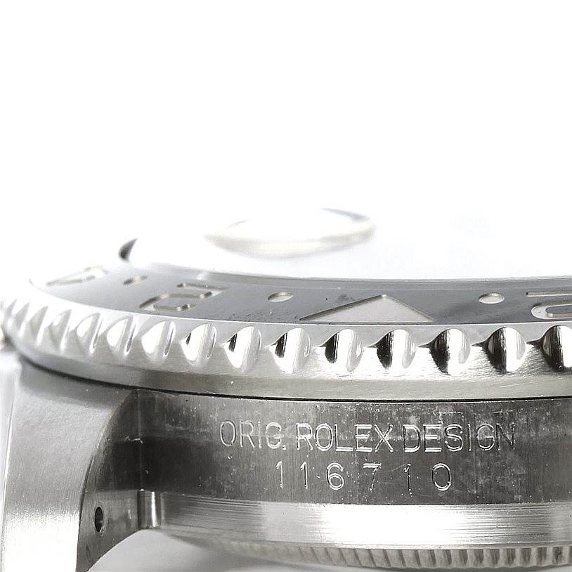 The image shows a close-up side view of the bezel and case with model details for the Rolex GMT-Master 116710 Men's Stainless Steel Black Dial 116710 Men's Stainless Steel Black Dial.