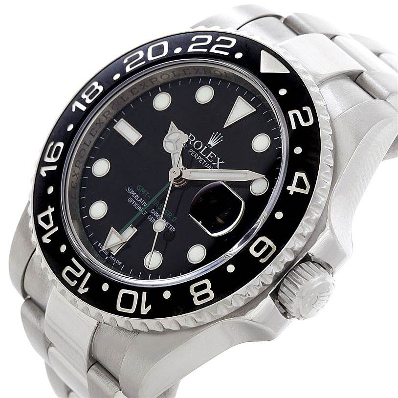 The image shows a close-up angled view of a Rolex GMT-Master 116710 Men's Stainless Steel Black Dial 116710 Men's Stainless Steel Black Dial watch, highlighting the dial, bezel, crown, and part of the bracelet.