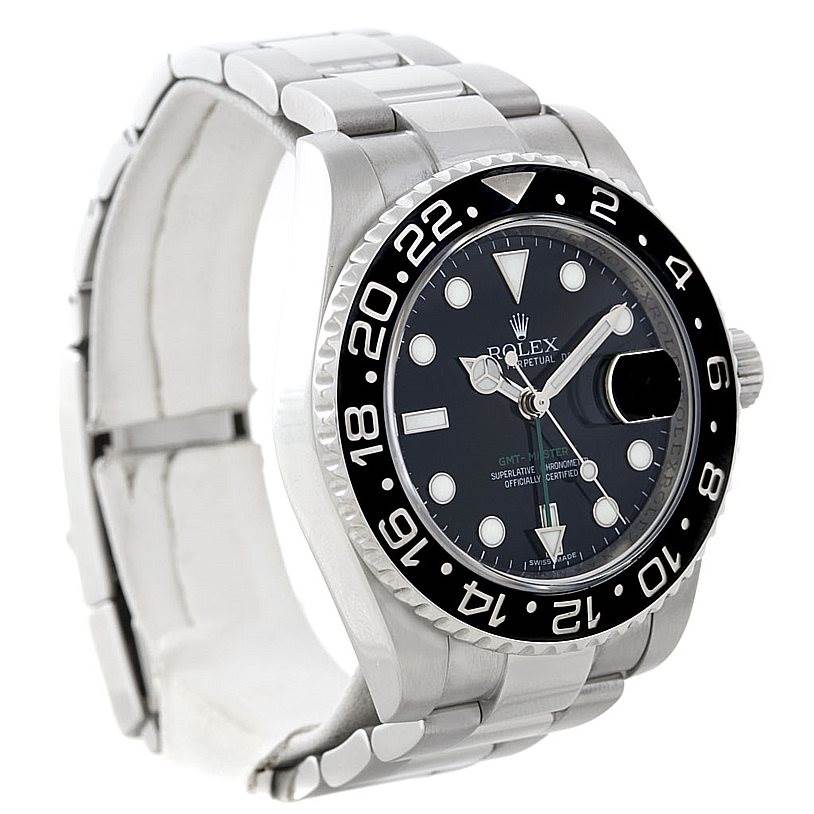 The image shows the front and partial left side view of a Rolex GMT-Master 116710 Men's Stainless Steel Black Dial 116710 Men's Stainless Steel Black Dial watch, highlighting its bezel, dial, and bracelet.