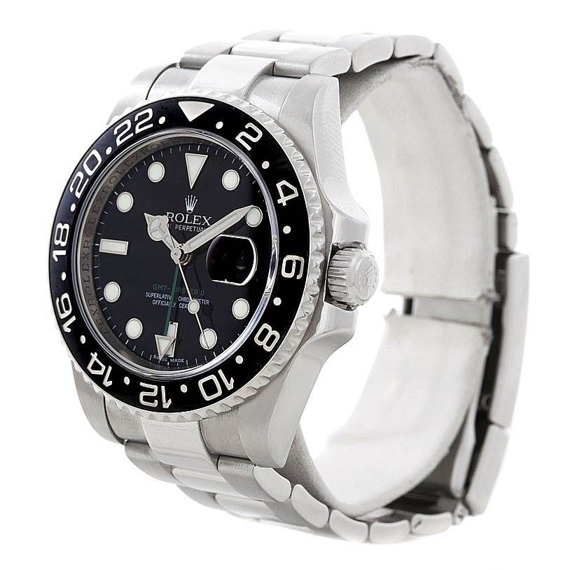 The image shows a side-angle view of a Rolex GMT-Master 116710 Men's Stainless Steel Black Dial 116710 Men's Stainless Steel Black Dial, highlighting the bezel, dial, crown, and partially open bracelet.