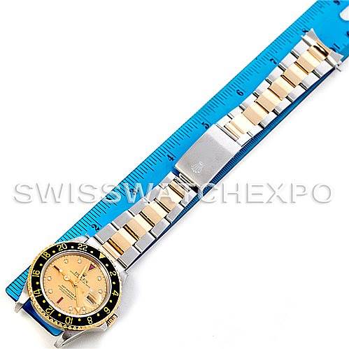 The image shows a Rolex GMT-Master 16713 Men's Stainless Steel Champagne Dial 16713 Men's Stainless Steel Champagne Dial watch laid flat, displaying its bracelet, bezel, and dial, alongside a measuring ruler.