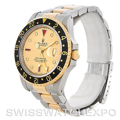 Rolex GMT II Men's 18k Yellow Gold Steel Watch Serti Dial 16713 SwissWatchExpo