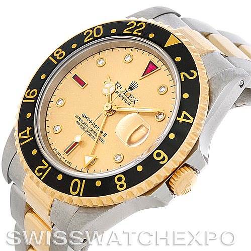 The image shows a front-side view of the Rolex GMT-Master 16713 Men's Stainless Steel Champagne Dial 16713 Men's Stainless Steel Champagne Dial watch, highlighting its dial, bezel, crown, and bracelet.