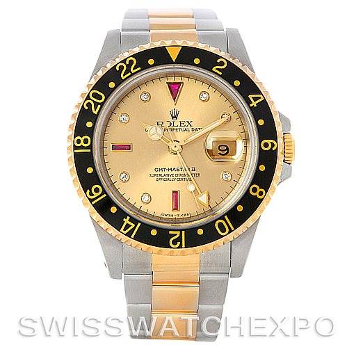 This is a frontal view of a Rolex GMT-Master 16713 Men's Stainless Steel Champagne Dial 16713 Men's Stainless Steel Champagne Dial II watch showing the face, bezel, and bracelet.