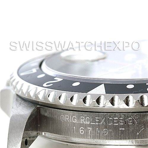 The image shows a close-up side view of a Rolex GMT-Master 16710 Men's Stainless Steel Black Dial 16710 Men's Stainless Steel Black Dial bezel and case with the model number 16710 engraved.