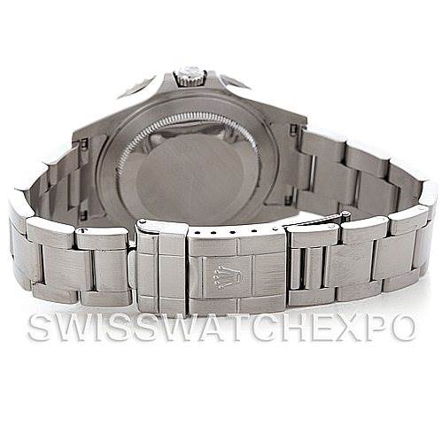 This image shows the back of the Rolex GMT-Master 16710 Men's Stainless Steel Black Dial 16710 Men's Stainless Steel Black Dial watch, including its closed clasp and stainless steel bracelet.