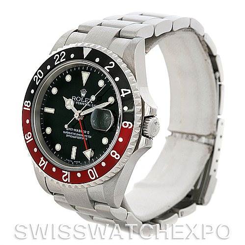 This image shows a front angle of a Rolex GMT-Master 16710 Men's Stainless Steel Black Dial 16710 Men's Stainless Steel Black Dial watch, highlighting its black and red bezel and stainless steel bracelet.