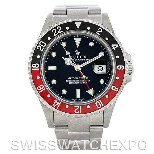 The image shows a frontal view of a Rolex GMT-Master 16710 Men's Stainless Steel Black Dial 16710 Men's Stainless Steel Black Dial II watch, displaying the dial, bezel, and bracelet.