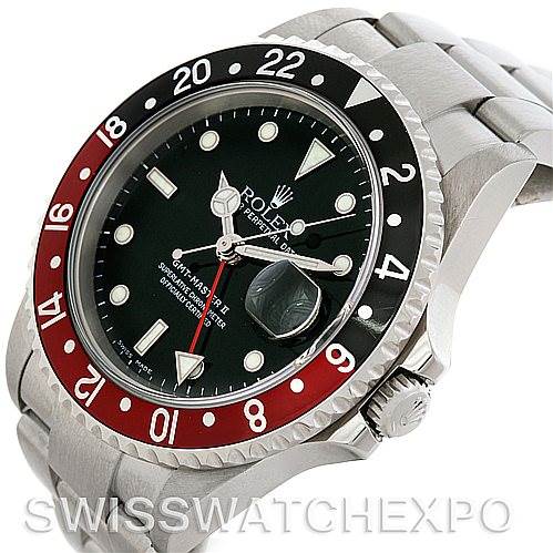 The image shows the face and part of the bracelet of a Rolex GMT-Master 16710 Men's Stainless Steel Black Dial 16710 Men's Stainless Steel Black Dial II watch at a slight angle.