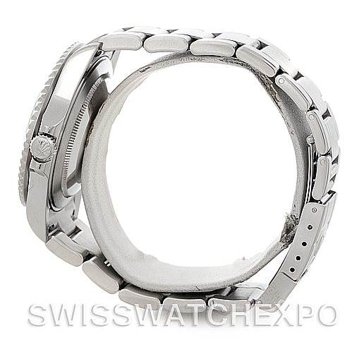 This image shows a side view of a Rolex GMT-Master 16710 Men's Stainless Steel Black Dial 16710 Men's Stainless Steel Black Dial watch, highlighting the case, crown, and bracelet.