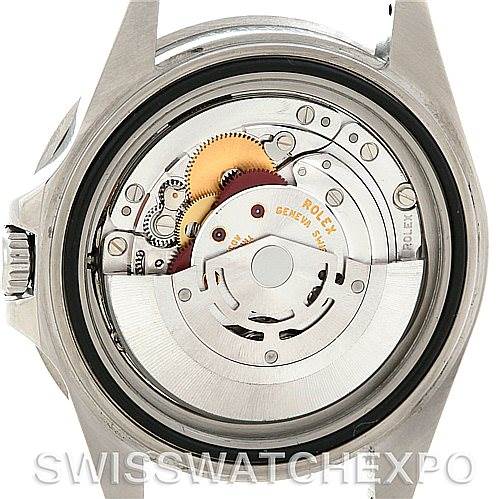 This image shows the back view of the Rolex GMT-Master 16710 Men's Stainless Steel Black Dial 16710 Men's Stainless Steel Black Dial, showcasing its exposed internal movement mechanisms.