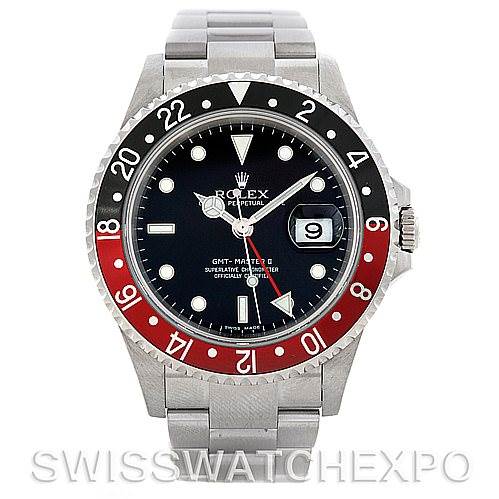 This image shows a front view of a Rolex GMT-Master 16710 Men's Stainless Steel Black Dial 16710 Men's Stainless Steel Black Dial watch, highlighting the bezel, dial, bracelet, and date window.
