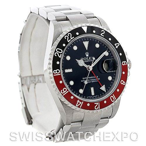The image shows a frontal and slightly left-angled view of a Rolex GMT-Master 16710 Men's Stainless Steel Black Dial 16710 Men's Stainless Steel Black Dial watch, highlighting the bezel, dial, and bracelet.