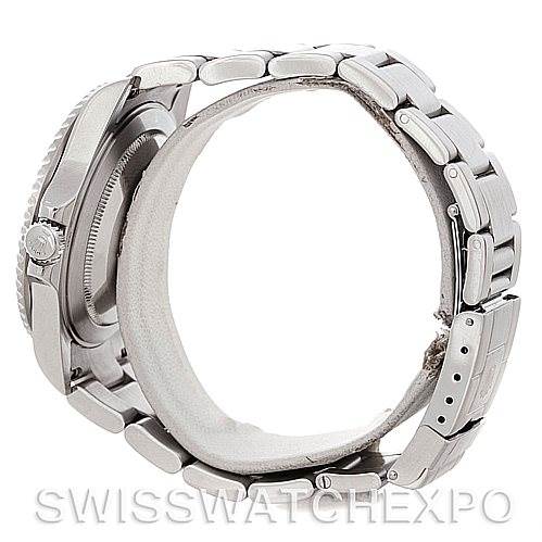 The image shows a side view of a Rolex GMT-Master 16710 Men's Stainless Steel Black Dial 16710 Men's Stainless Steel Black Dial watch, highlighting the bracelet, clasp, and side of the case.