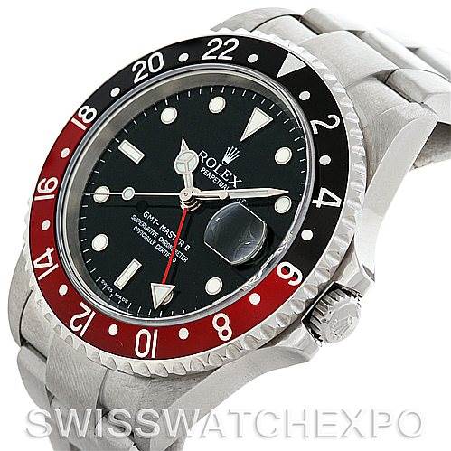 This image shows a Rolex GMT-Master 16710 Men's Stainless Steel Black Dial 16710 Men's Stainless Steel Black Dial watch from an angled view, highlighting its bezel and dial details.