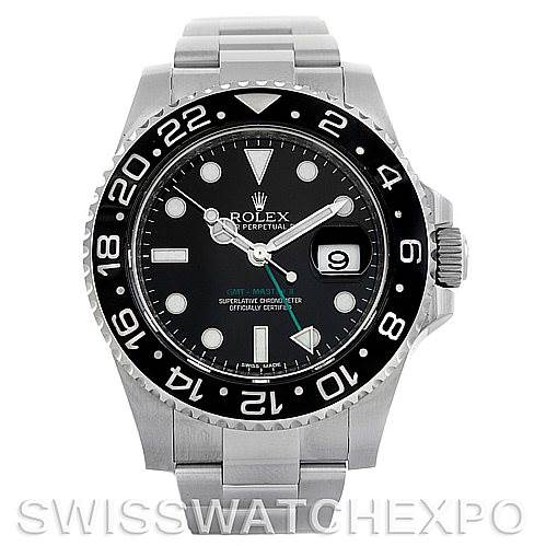 The image shows a front view of a Rolex GMT-Master 116710 Men's Stainless Steel Black Dial 116710 Men's Stainless Steel Black Dial watch, highlighting the black dial, bezel, and stainless steel bracelet.