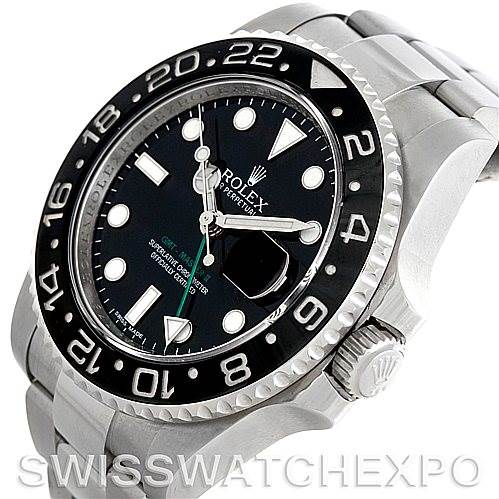 The image shows a Rolex GMT-Master 116710 Men's Stainless Steel Black Dial 116710 Men's Stainless Steel Black Dial watch at an angled view, highlighting the bezel, dial, and crown.