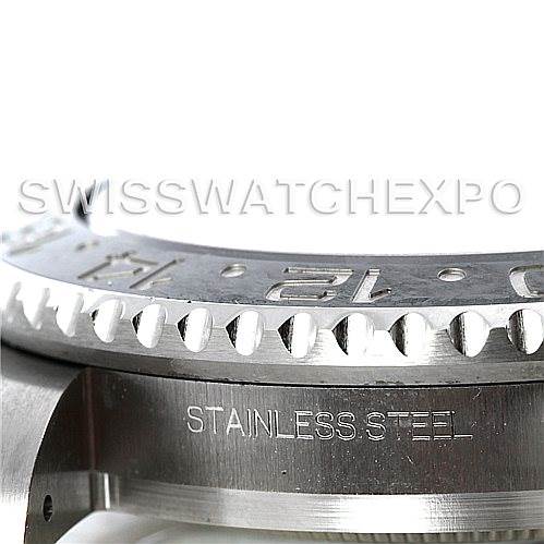 This image shows a close-up of the stainless steel case and bezel of a Rolex GMT-Master 116710 Men's Stainless Steel Black Dial 116710 Men's Stainless Steel Black Dial watch from a side angle.