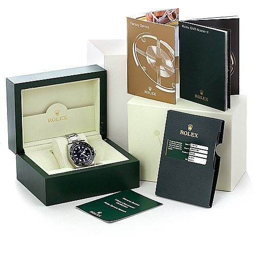The image shows a Rolex GMT-Master 116710 Men's Stainless Steel Black Dial 116710 Men's Stainless Steel Black Dial II watch inside its box, accompanied by booklets and accessories from various angles.