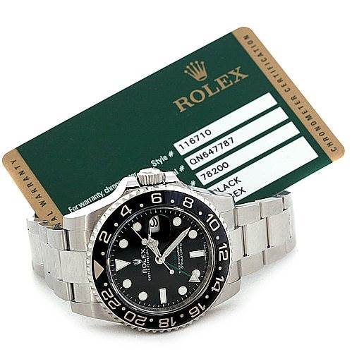 This image shows the front of a Rolex GMT-Master 116710 Men's Stainless Steel Black Dial 116710 Men's Stainless Steel Black Dial watch alongside its certification card.