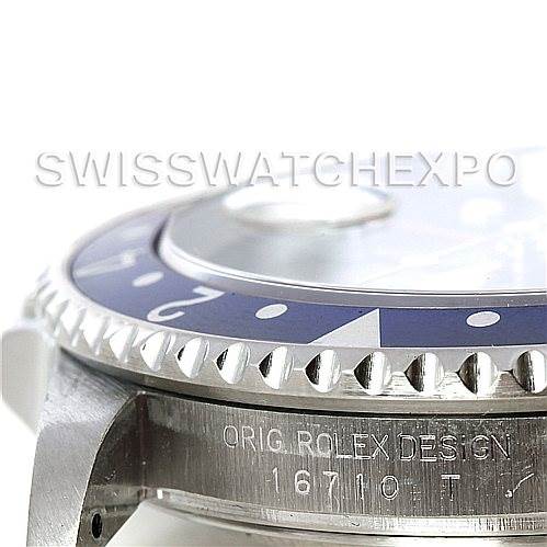 The image shows a close-up side view of the Rolex GMT-Master 16710 Men's Stainless Steel Black Dial 16710 Men's Stainless Steel Black Dial, highlighting the bezel, case, and reference number 16710.