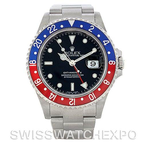 This is a front view of the Rolex GMT-Master 16710 Men's Stainless Steel Black Dial 16710 Men's Stainless Steel Black Dial II watch, displaying the bezel, dial, crown, and part of the bracelet.