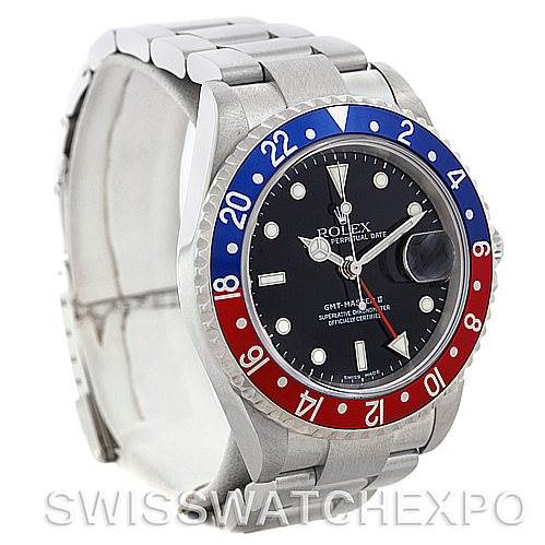 This image shows a side-angle view of a Rolex GMT-Master 16710 Men's Stainless Steel Black Dial 16710 Men's Stainless Steel Black Dial watch, showcasing the bezel, dial, and part of the bracelet.