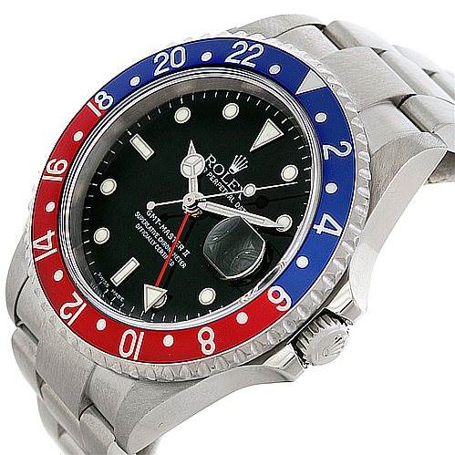 The image shows a Rolex GMT-Master 16710 Men's Stainless Steel Black Dial 16710 Men's Stainless Steel Black Dial watch at an angled top-down view, highlighting the face, bezel, and part of the bracelet.