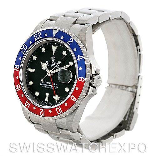 The image shows a Rolex GMT-Master 16710 Men's Stainless Steel Black Dial 16710 Men's Stainless Steel Black Dial watch from a front-left angle, highlighting its red and blue bezel and stainless steel bracelet.