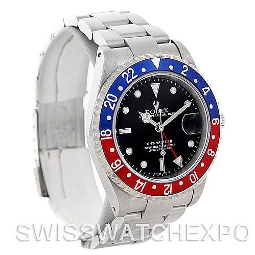 This image shows a front and slightly angled view of the Rolex GMT-Master 16710 Men's Stainless Steel Black Dial 16710 Men's Stainless Steel Black Dial II with its iconic red and blue bezel and stainless steel bracelet.