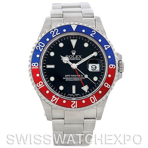 The image shows a front view of a Rolex GMT-Master 16710 Men's Stainless Steel Black Dial 16710 Men's Stainless Steel Black Dial II watch with a 'Pepsi' bezel and stainless steel bracelet.