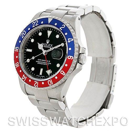 The image shows a side-angle view of a Rolex GMT-Master 16710 Men's Stainless Steel Black Dial 16710 Men's Stainless Steel Black Dial watch, highlighting the bezel, dial, bracelet, and crown.