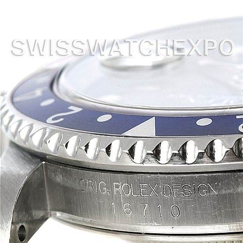 The image shows a close-up side view of a Rolex GMT-Master 16710 Men's Stainless Steel Black Dial 16710 Men's Stainless Steel Black Dial, focusing on its bezel and the "ORIG. ROLEX DESIGN 16710" engraving.