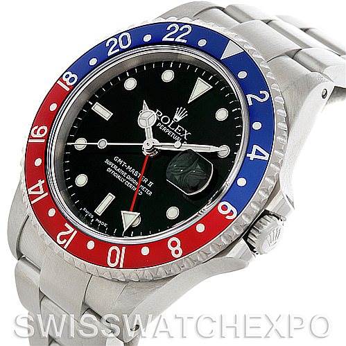 This image shows a top-angle view of the Rolex GMT-Master 16710 Men's Stainless Steel Black Dial 16710 Men's Stainless Steel Black Dial watch, highlighting its distinctive red and blue bezel.