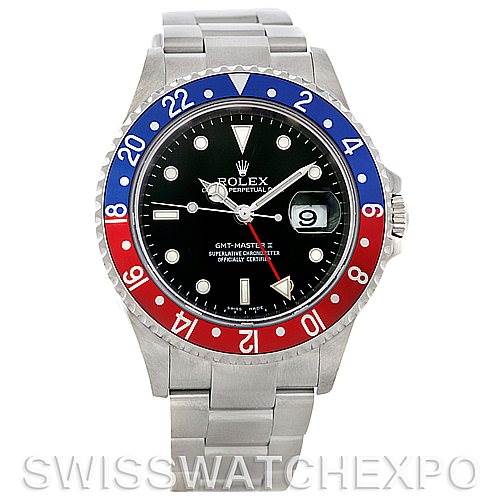 The image shows a front view of the Rolex GMT-Master 16710 Men's Stainless Steel Black Dial 16710 Men's Stainless Steel Black Dial watch with a two-tone red and blue bezel and a stainless steel bracelet.
