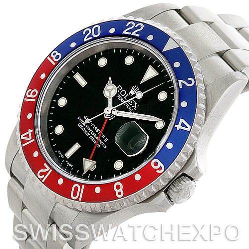 The image shows a Rolex GMT-Master 16710 Men's Stainless Steel Black Dial 16710 Men's Stainless Steel Black Dial watch at an angled view, highlighting its bezel, dial, and bracelet.