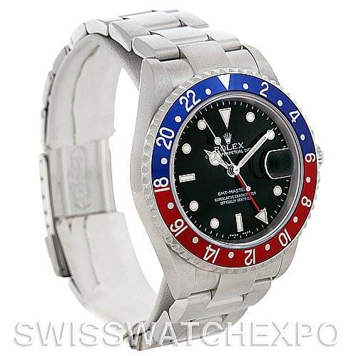 The image shows a side angle of a Rolex GMT-Master 16710 Men's Stainless Steel Black Dial 16710 Men's Stainless Steel Black Dial watch, highlighting its bezel, bracelet, dial, and crown.