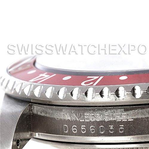 The image shows a close-up side view of the Rolex GMT-Master 16710 Men's Stainless Steel Black Dial 16710 Men's Stainless Steel Black Dial watch, highlighting the red bezel and "stainless steel" engraving.
